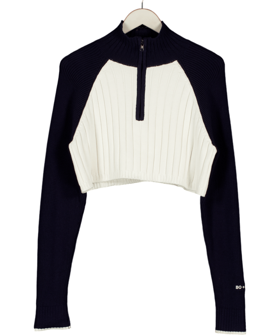Bo + Tee White Ribbed Knit Quarter - zip Cropped Jumper UK M - Reliked