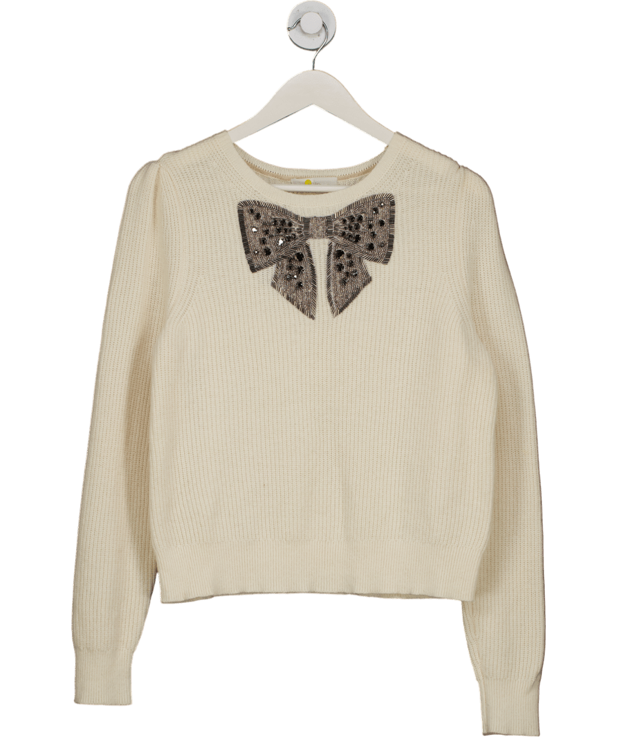 BODEN Cream Embellished Bow Ribbed Jumper UK 14 - Reliked