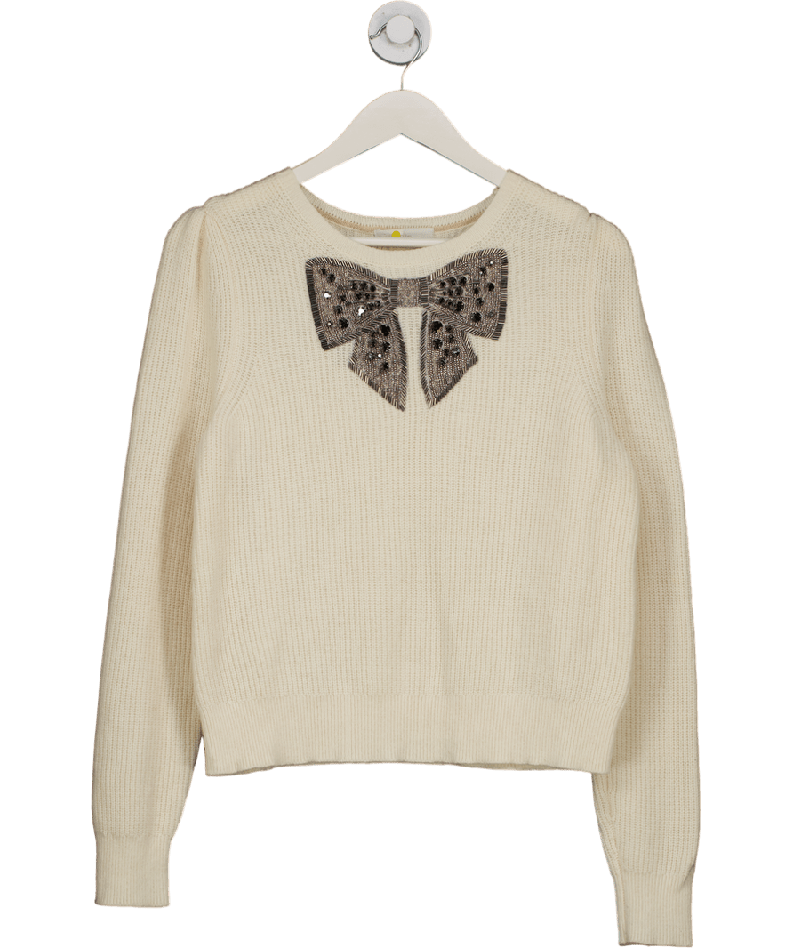 BODEN Cream Embellished Bow Ribbed Jumper UK 14 - Reliked