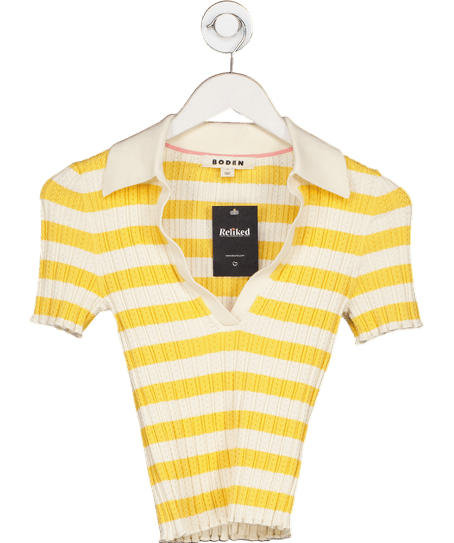 Boden Cream & Yellow Striped Knit Polo Top UK S - Reliked