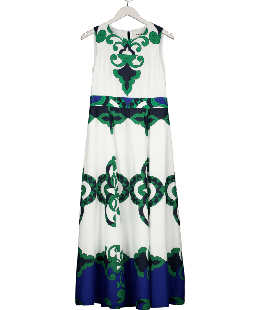 boden White Abstract Print Sleeveless Flared Linen Blend Midi Dress UK 12 - Reliked