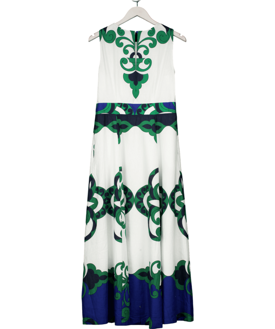 boden White Abstract Print Sleeveless Flared Linen Blend Midi Dress UK 12 - Reliked