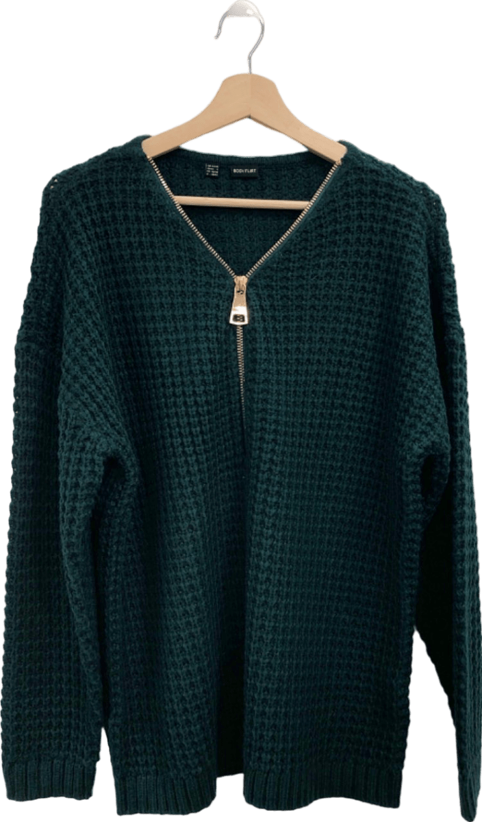 Body Flirt Green Waffle Knit Zip Jumper UK L - Reliked