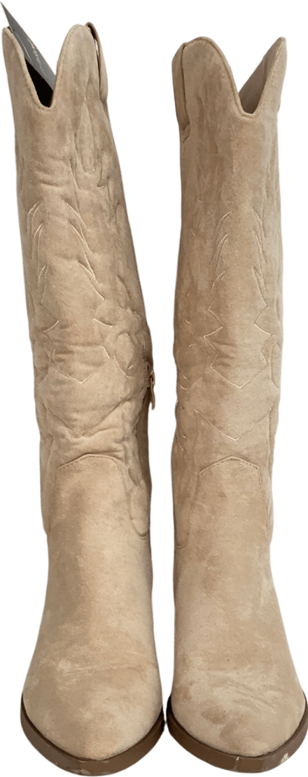 boohoo Beige Embroidered Knee High Western Boots UK 6 EU 39 👠 - Reliked