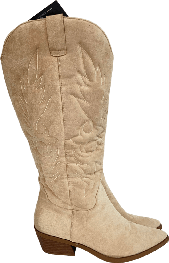 boohoo Beige Embroidered Knee High Western Boots UK 6 EU 39 👠 - Reliked