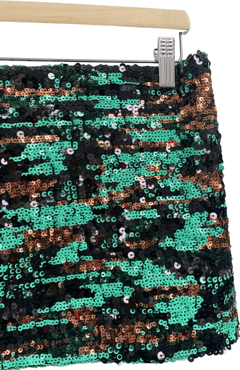 Boohoo Green & Black Sequin Destiny Skirt UK S - Reliked