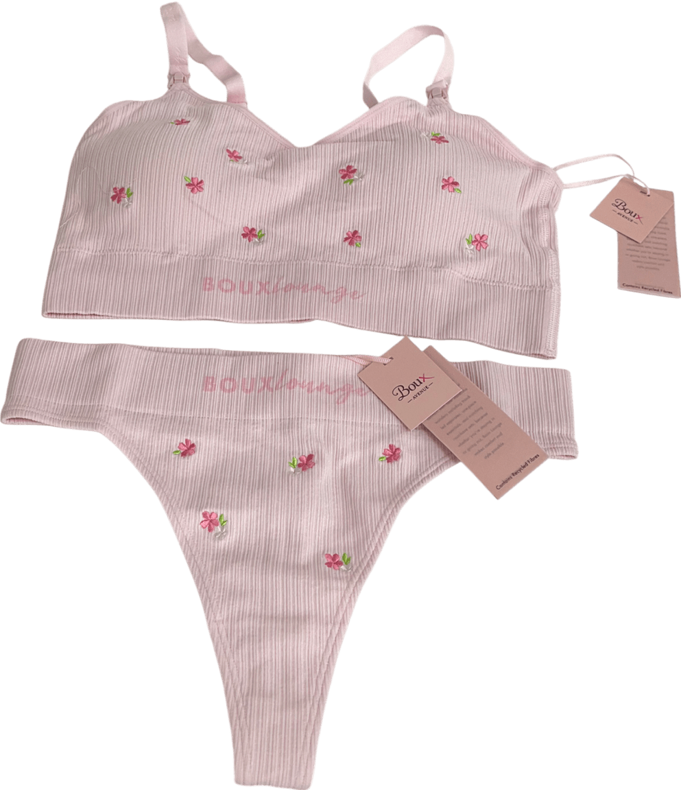 boux avenue Pink Nursing Ribbed Seamless Floral Embroidered Bralette & Seamless Floral Embroidered Thong UK L - Reliked