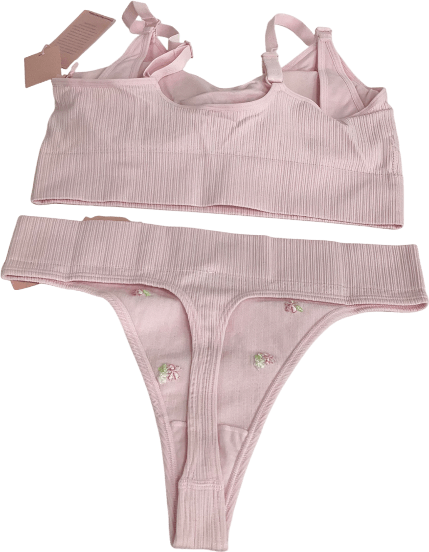 boux avenue Pink Nursing Ribbed Seamless Floral Embroidered Bralette & Seamless Floral Embroidered Thong UK L - Reliked
