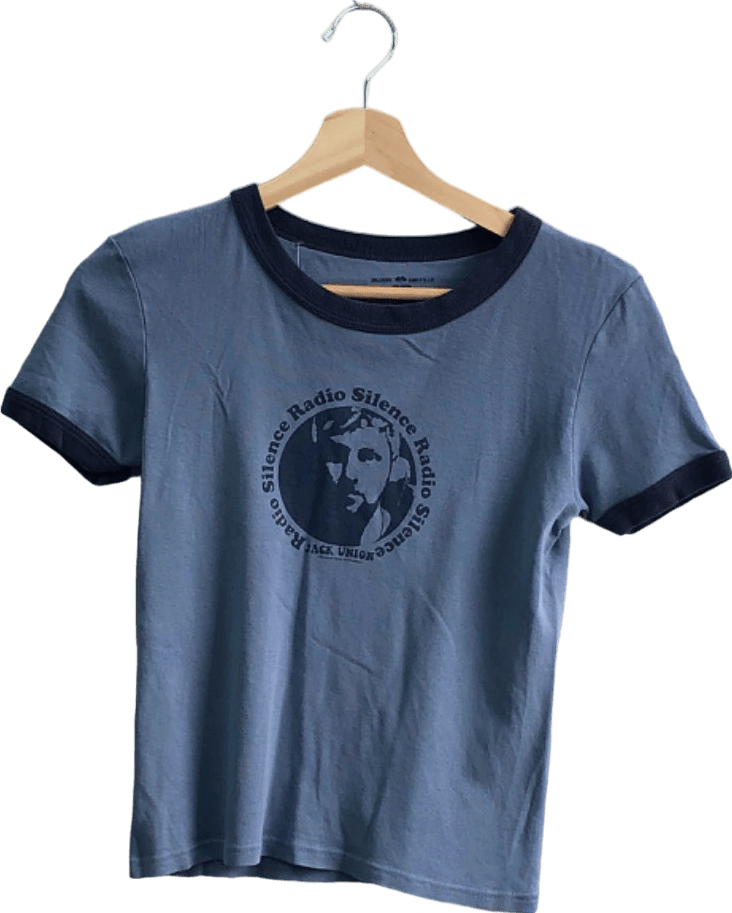 Brandy Melville Blue/Black Silence Radio Print T-Shirt One Size - Reliked