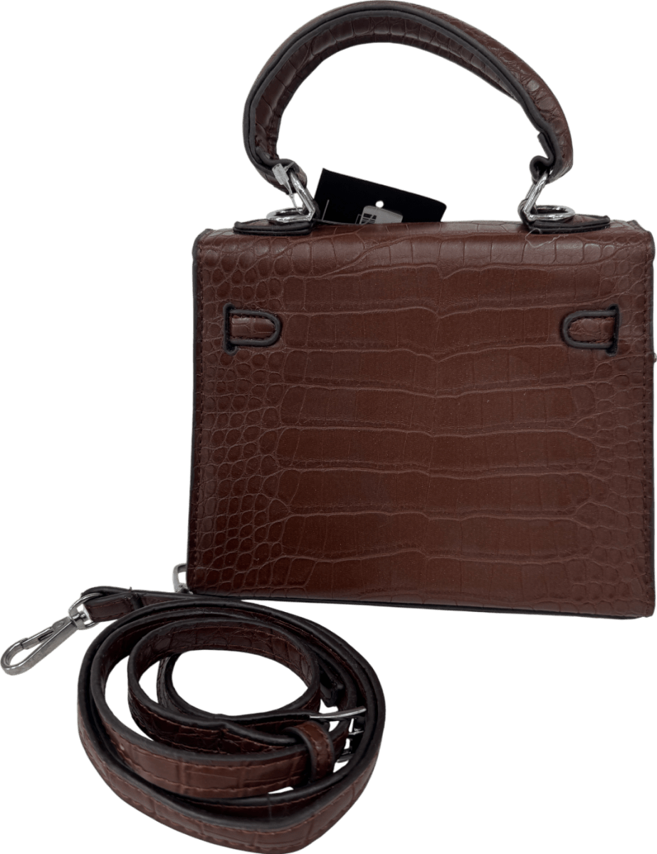 Brown Mini Croc Embossed Top Handle Bag With Crossbody Strap - Reliked