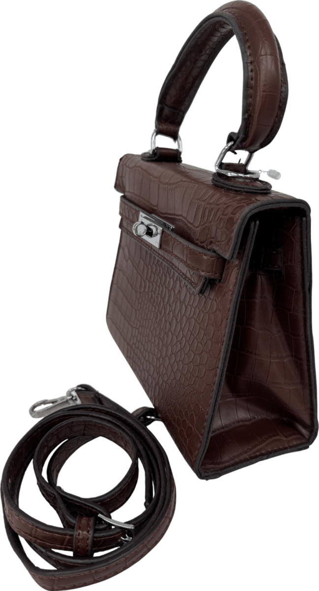 Brown Mini Croc Embossed Top Handle Bag With Crossbody Strap - Reliked