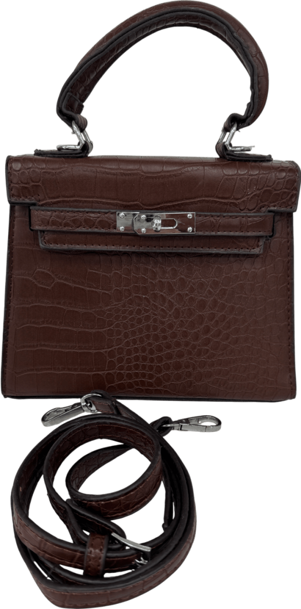 Brown Mini Croc Embossed Top Handle Bag With Crossbody Strap - Reliked