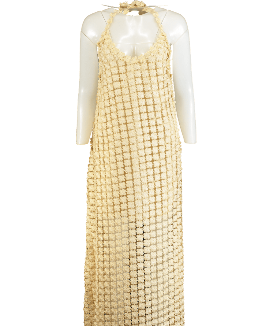 BTB Los Angeles Metallic Beige Crochet Lace Halterneck Maxi Dress UK XS - Reliked