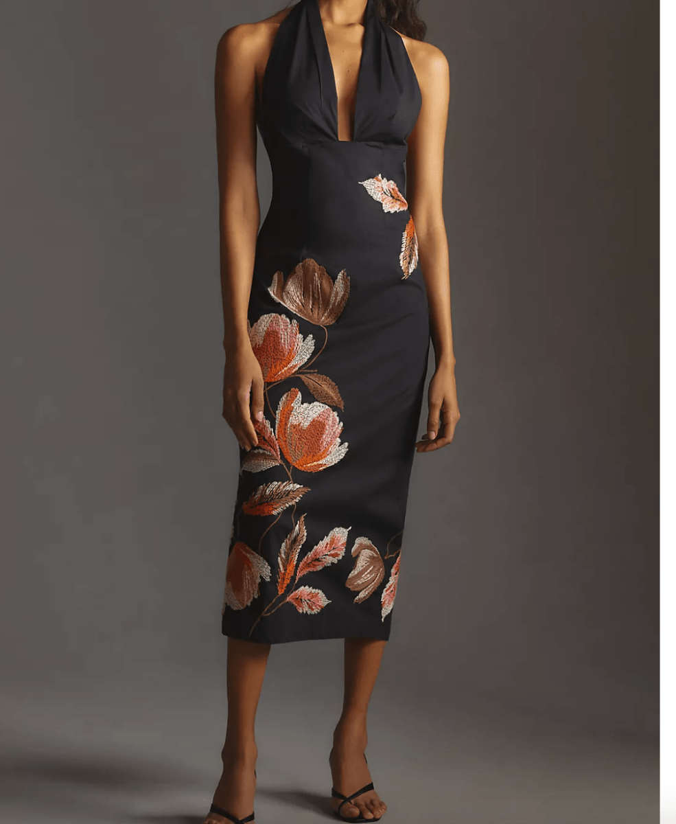 By Anthropologie Halter - Neck Embroidered Floral Midi Dress UK 10 - Reliked