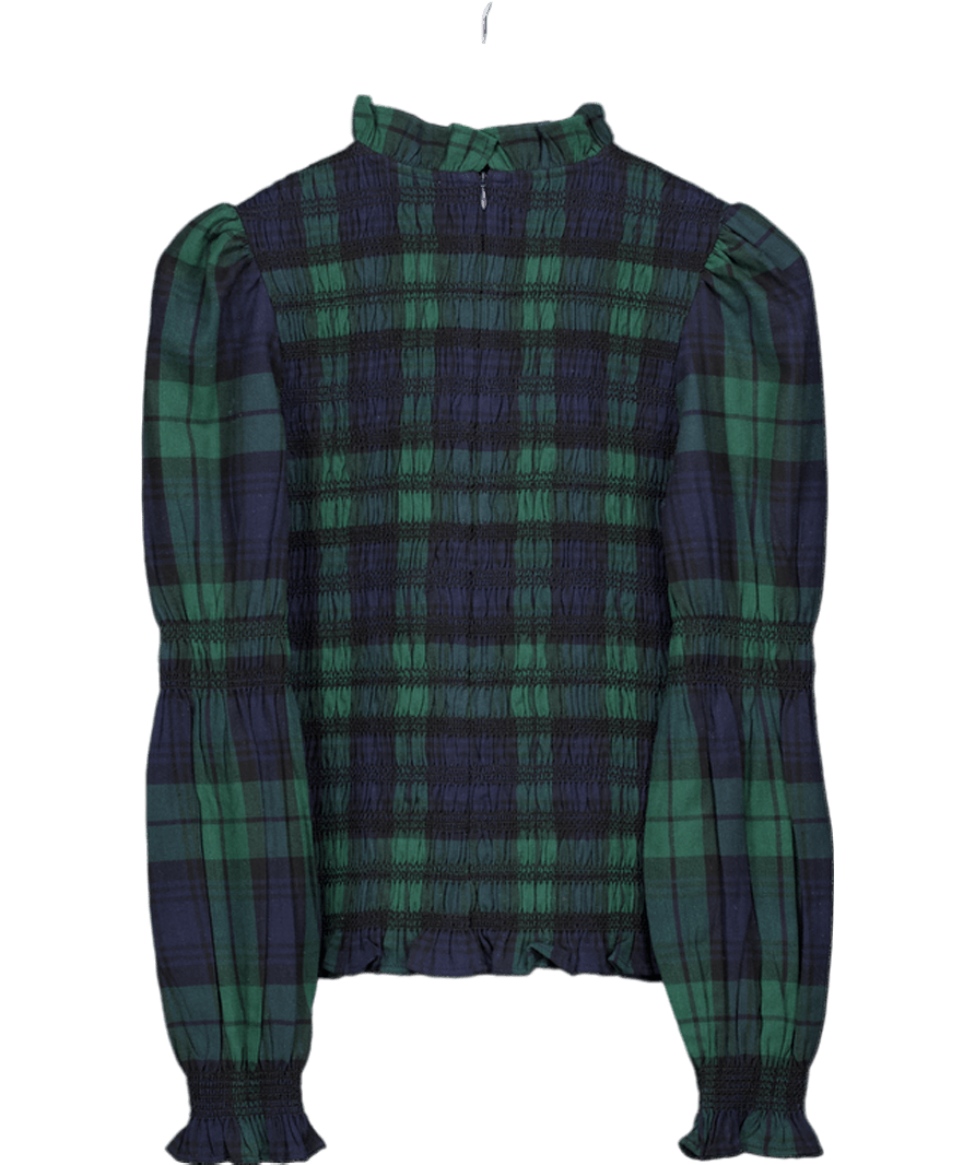 by IRIS Green Navy/green Blackwatch Tartan Shirred Long Sleeve Top UK S - Reliked