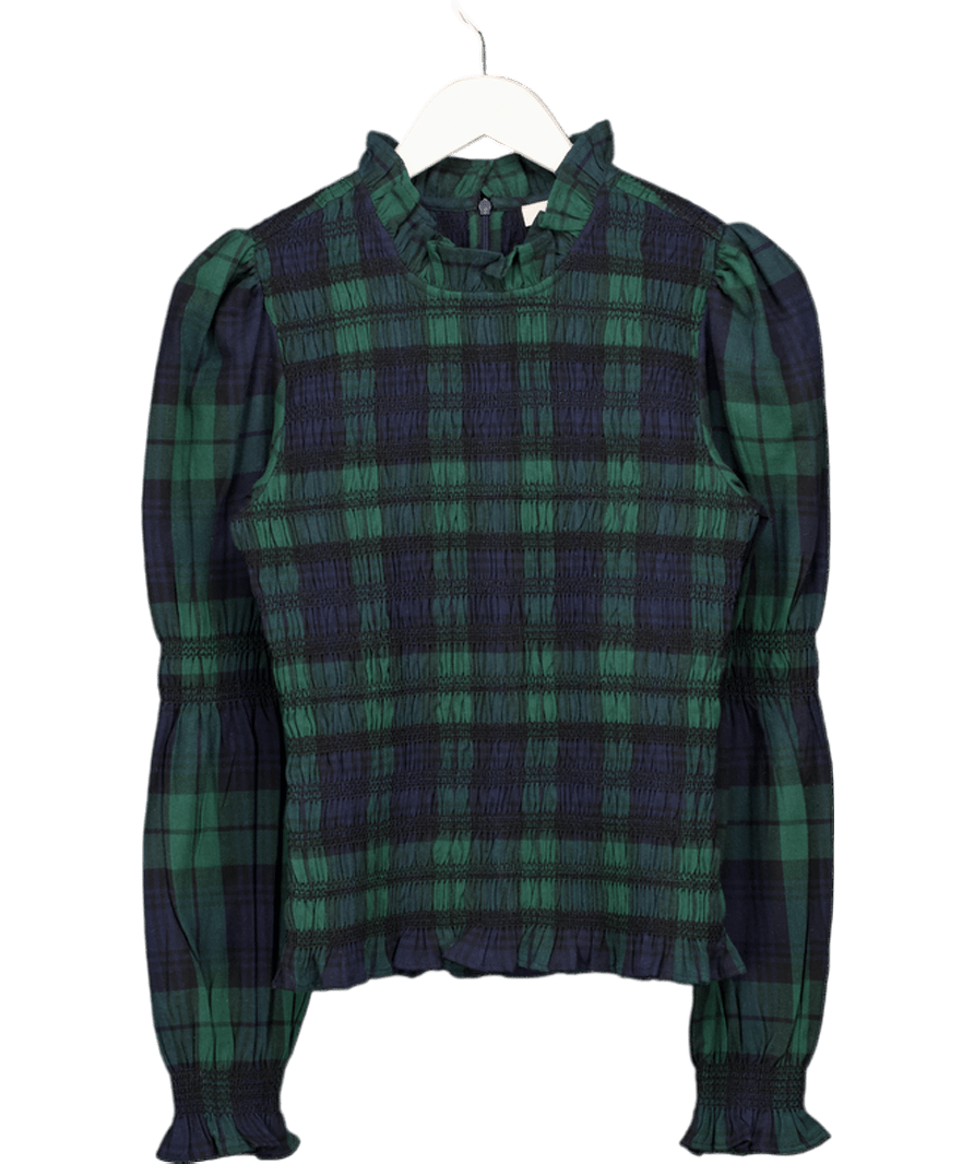 by IRIS Green Navy/green Blackwatch Tartan Shirred Long Sleeve Top UK S - Reliked