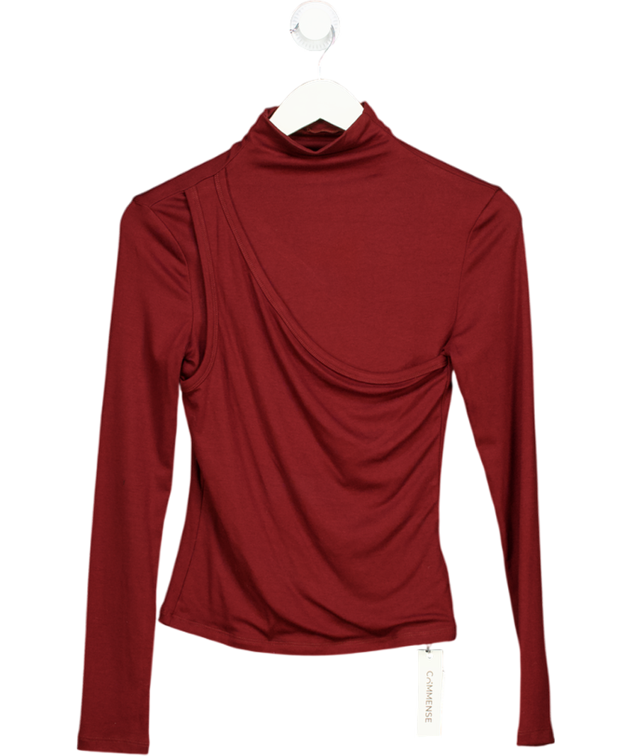 COMMENSE Burgundy Red Long Sleeve Draped Crew Neck Top UK XS