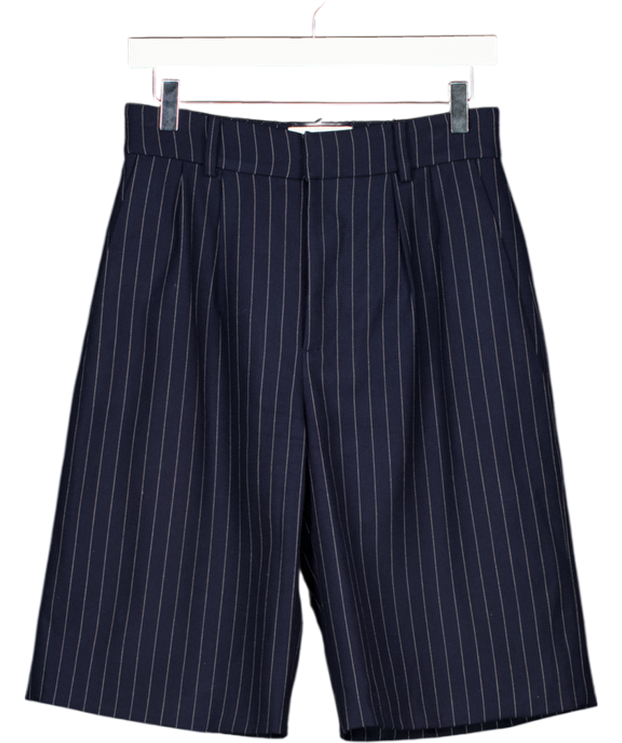 DE SAVARY LONDON Navy Blue Pinstripe Longer Length Tailored Bermuda Shorts UK S