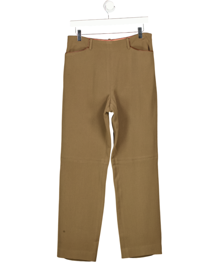RALPH LAUREN Olive Green Wool Trousers With Leather Piping Detail Us12 UK 14
