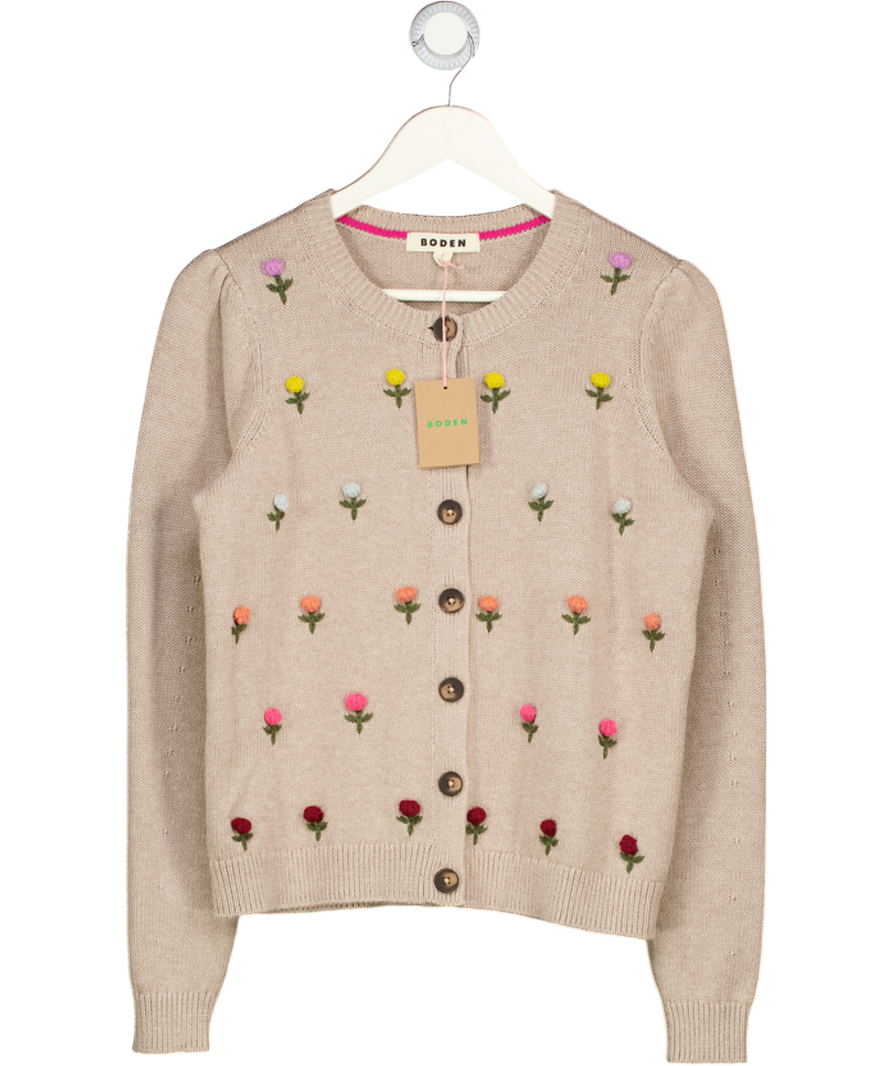 BODEN Beige Embroidered Floral Wool Blend Davina Puff Sleeve Cardigan UK S