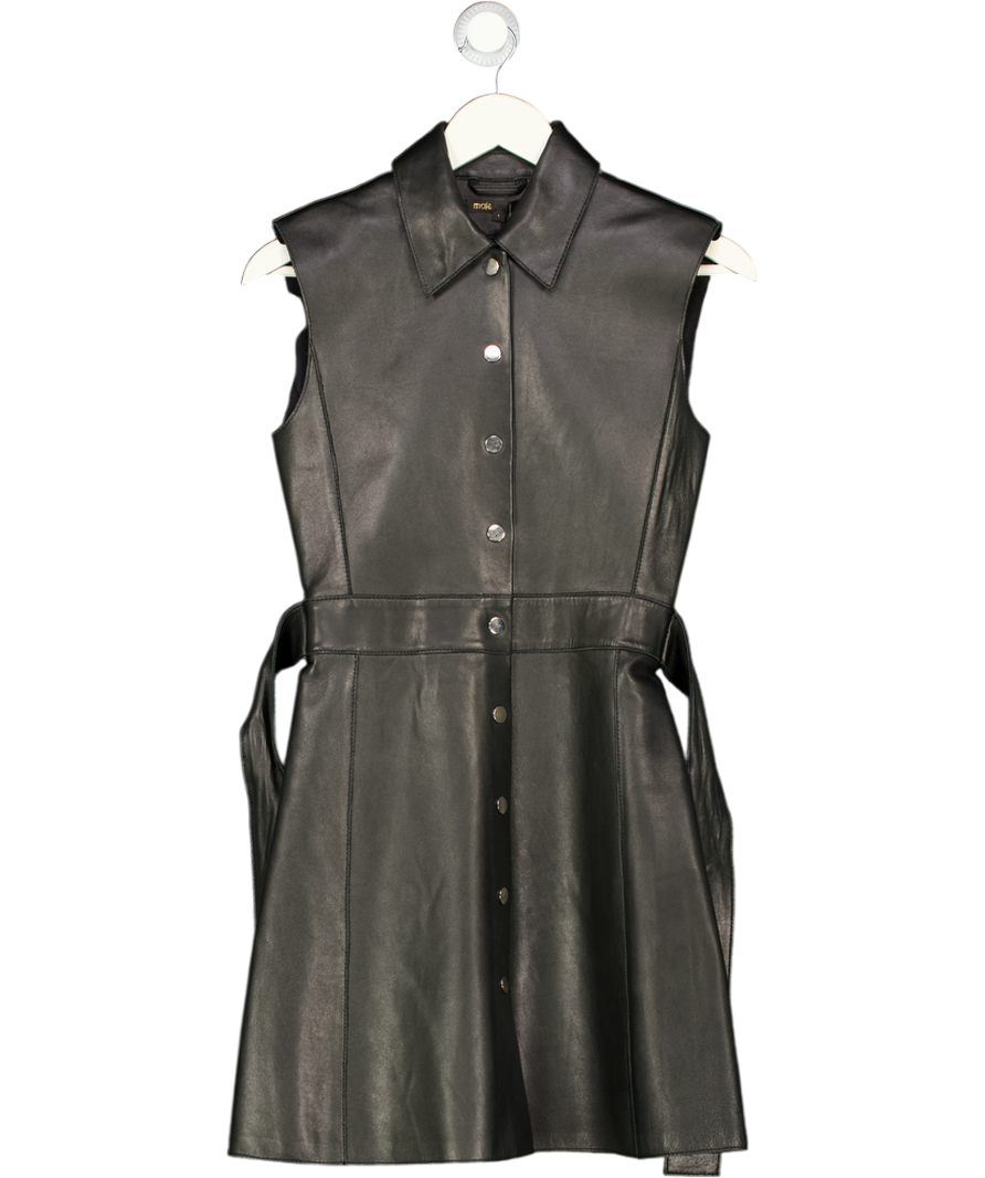 MAJE Black Leather Sleeveless Belted Mini Dress Sz1 UK S