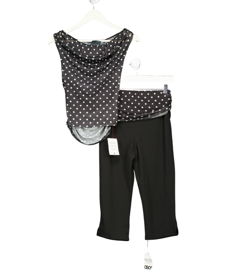 ASOS Black Gathered Short Sleeve Off Shoulder Mesh Top And Capri Set In Polka Dot UK S