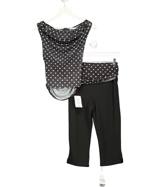 ASOS Black Gathered Short Sleeve Off Shoulder Mesh Top And Capri Set In Polka Dot UK S