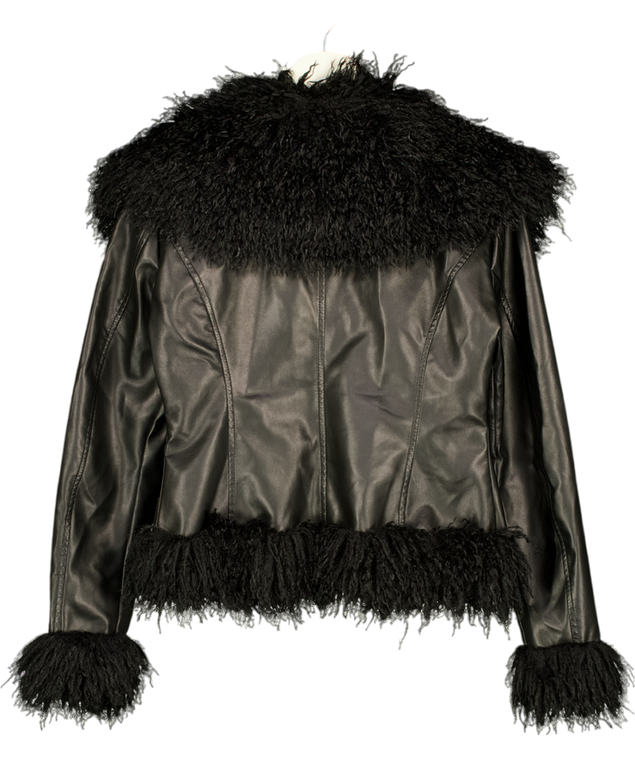 WHITE FOX Black Faux Leather Fur Trim Jacket UK M/L