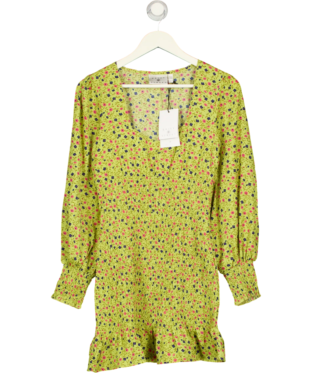 Daisy Street Yellow Ditsy Floral Square Neck Shirred Mini Dress UK 8