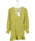 Daisy Street Yellow Ditsy Floral Square Neck Shirred Mini Dress UK 8