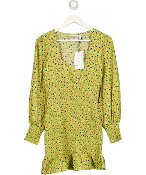Daisy Street Yellow Ditsy Floral Square Neck Shirred Mini Dress UK 8