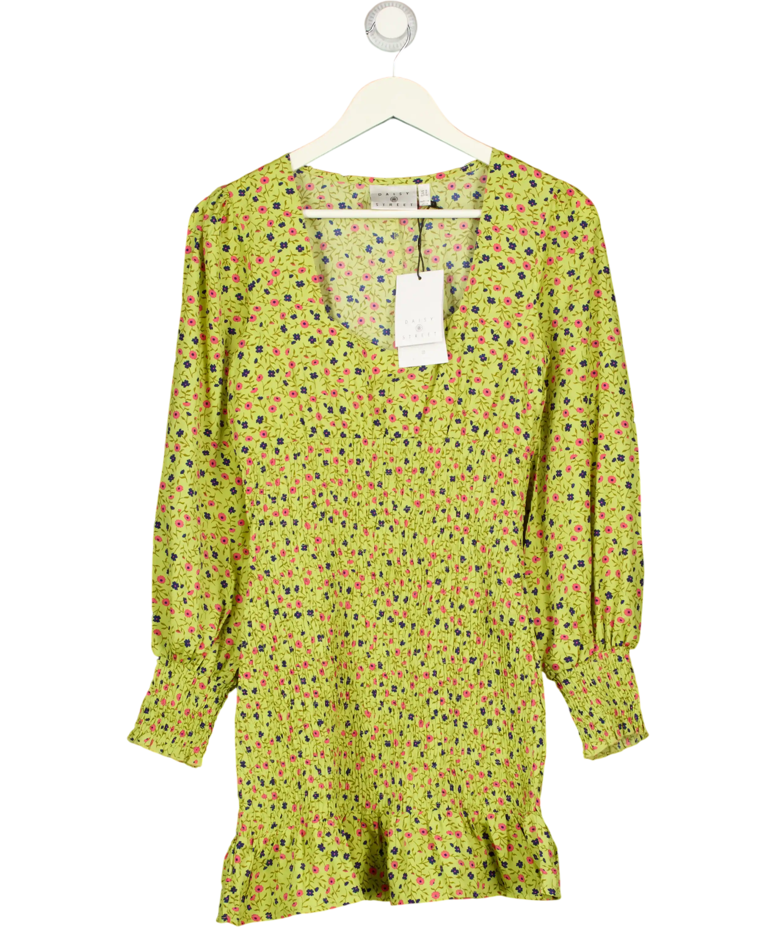Daisy Street Yellow Ditsy Floral Square Neck Shirred Mini Dress UK 8