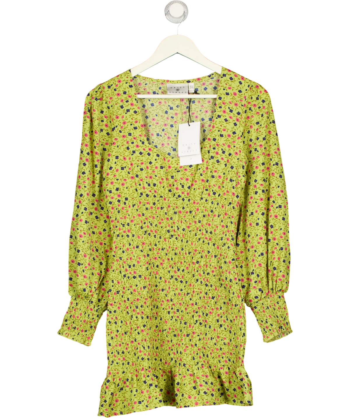 Daisy Street Yellow Ditsy Floral Square Neck Shirred Mini Dress UK 8