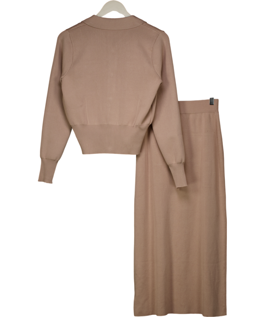 Commense Beige Metal Button Collared Cardigan And Midi Skirt Set UK XS