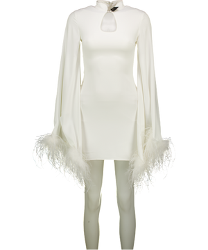 DE LA VALI White Crepe Genevieve Feather Trim Mini Dress UK 6