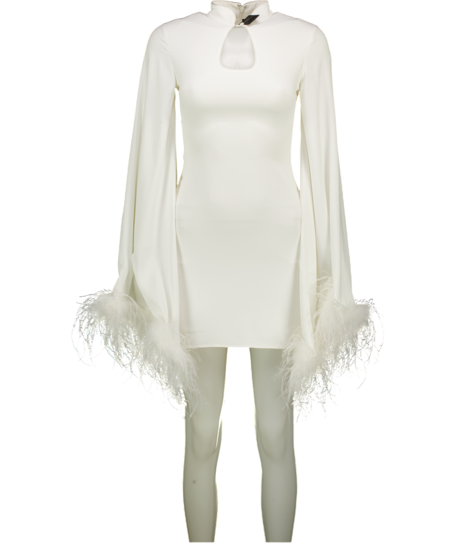 DE LA VALI White Crepe Genevieve Feather Trim Mini Dress UK 6