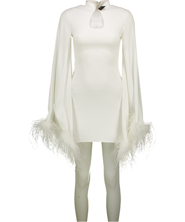 DE LA VALI White Crepe Genevieve Feather Trim Mini Dress UK 6