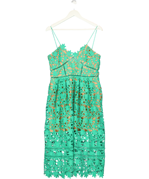 SELF PORTRAIT Green Azaelea Floral-embroidered Woven Midi Dress UK 14