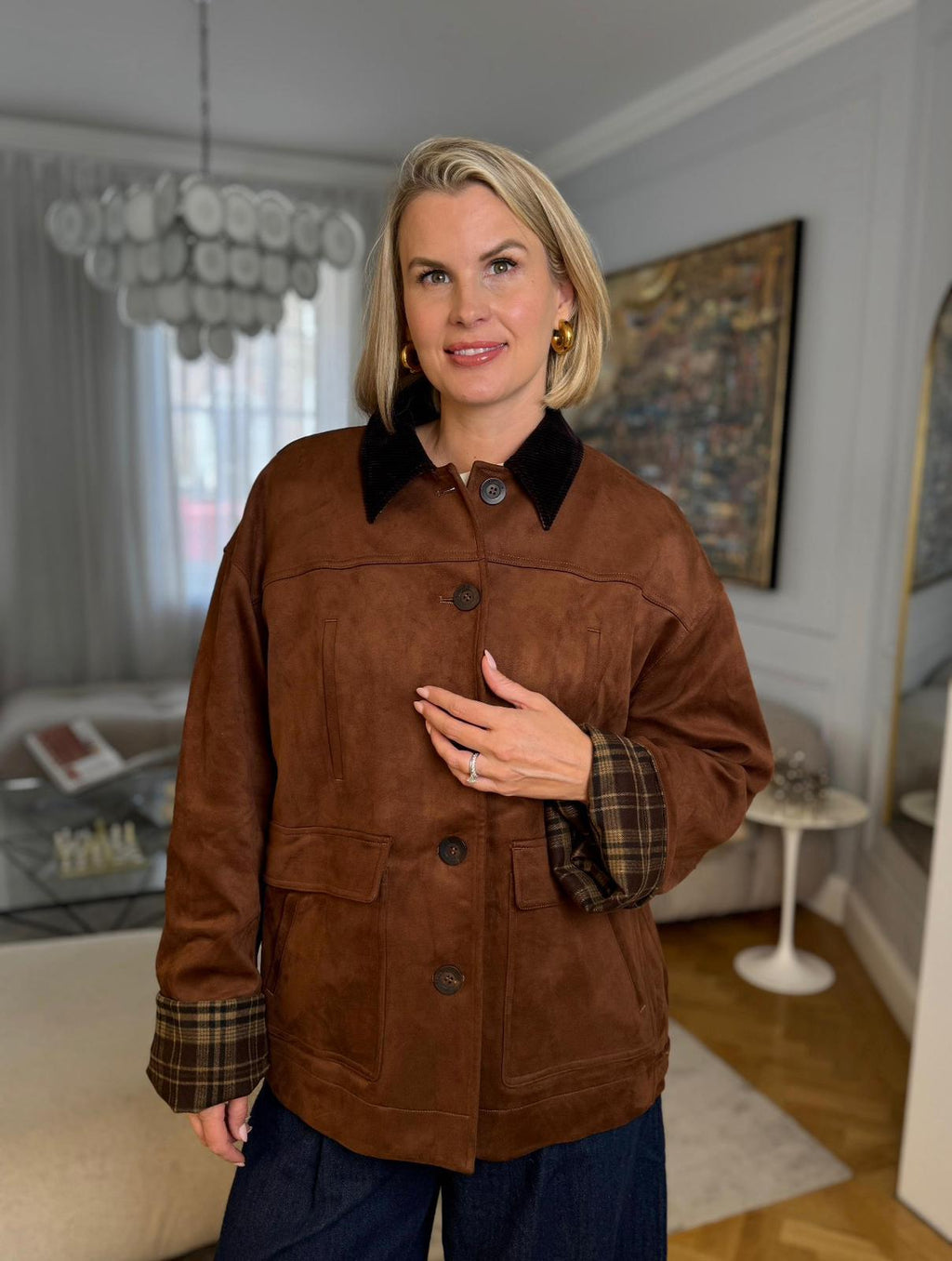 Fabrique X Mariana Catta Brown Robin Corduroy Collar Jacket In Faux Suede UK M