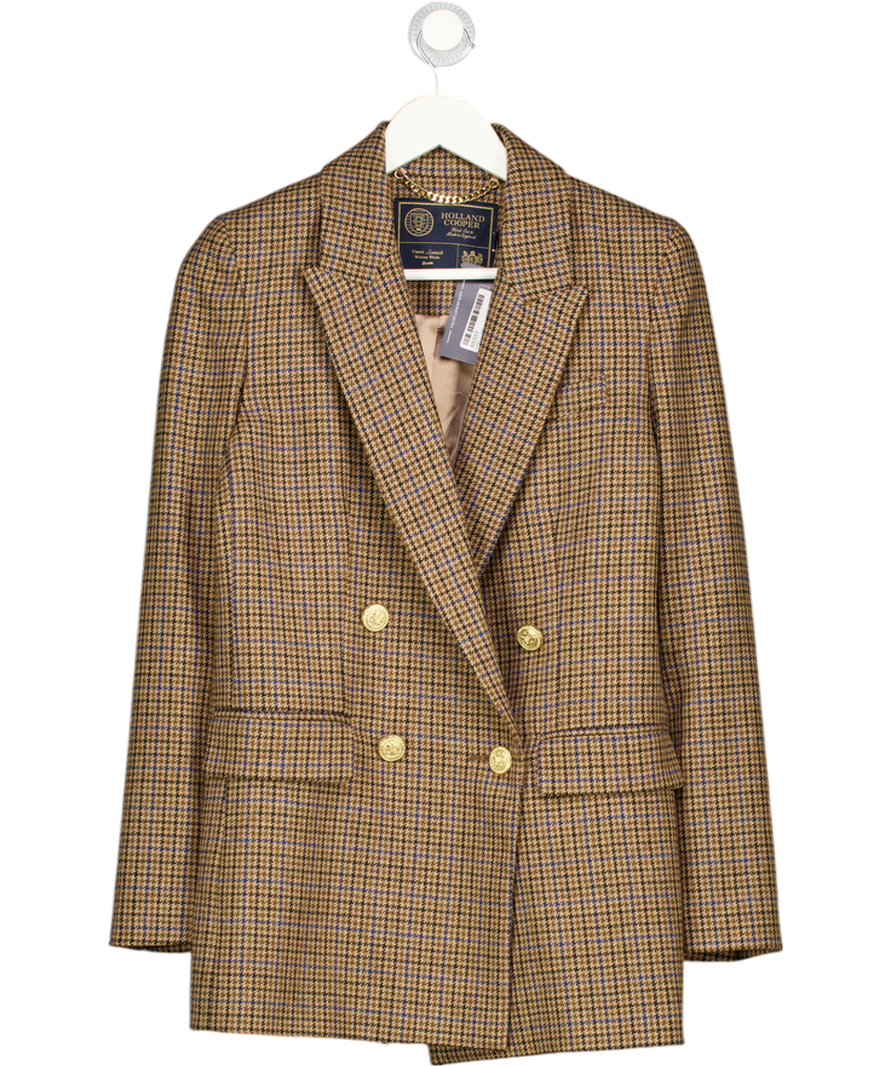 HOLLAND COOPER Double Breasted  Wool Blazer  - Brown / Blue Houndstooth UK 6