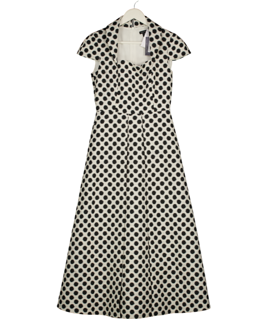KAREN MILLEN White / Black Spot Jacquard Square Neck Tailored Full Skirted Midi Dress UK 8