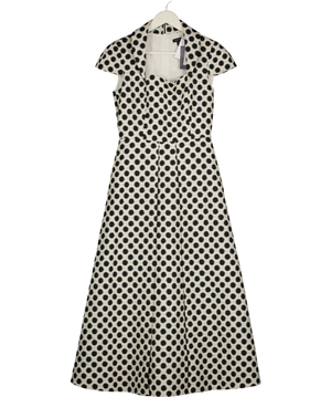 KAREN MILLEN White / Black Spot Jacquard Square Neck Tailored Full Skirted Midi Dress UK 8