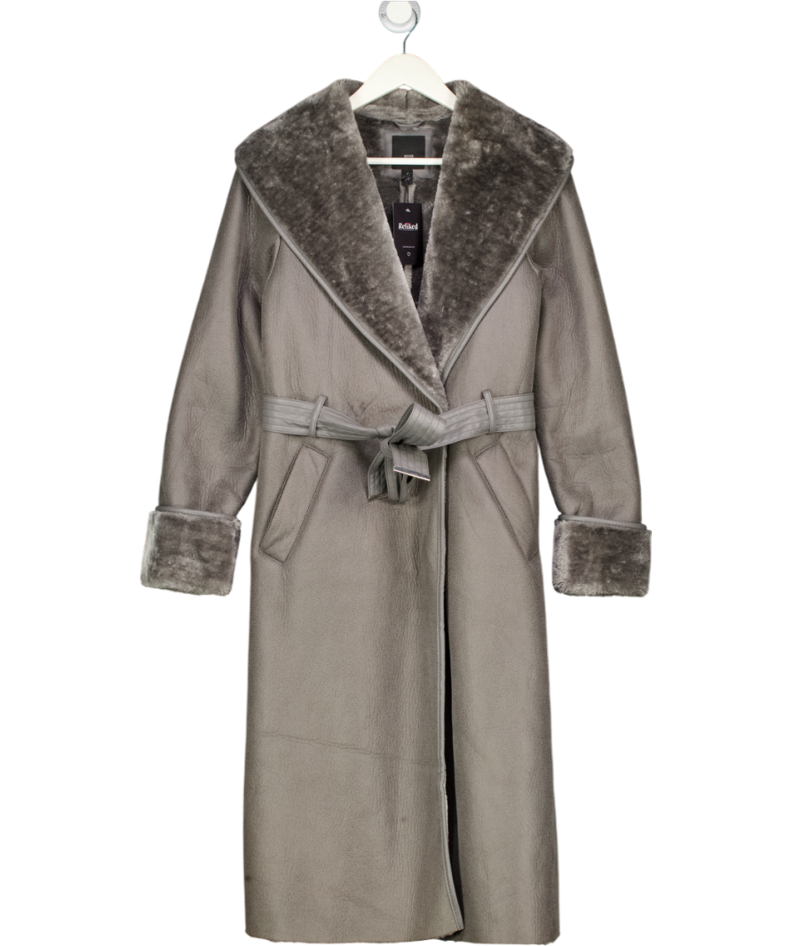 River Island Grey Belted Shearling Trench Coat UK 10