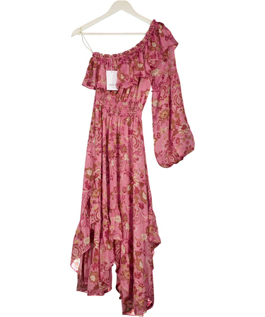 MISA Los Angeles Pink Vola One-shoulder Ruffle Midi Dress UK XS