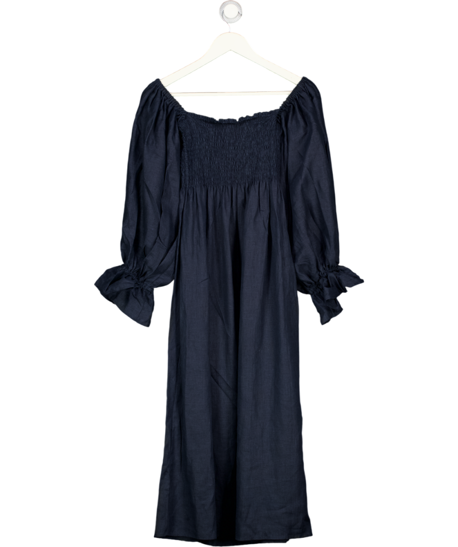 SLEEPER Navy Blue 100% Linen Atlanta Shirred Bodice Dress UK M