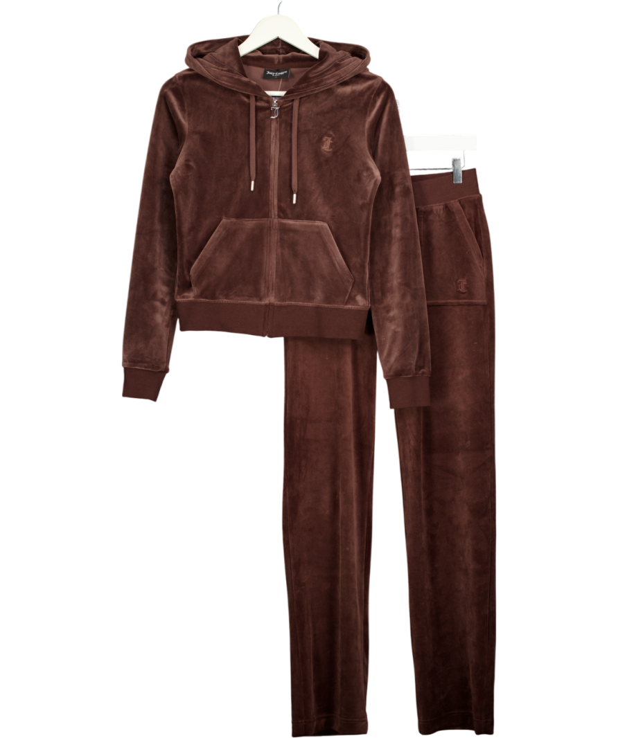 JUICY COUTURE 2-piece Chocolate Brown Embroidered Logo Velour Tracksuit Set UK S