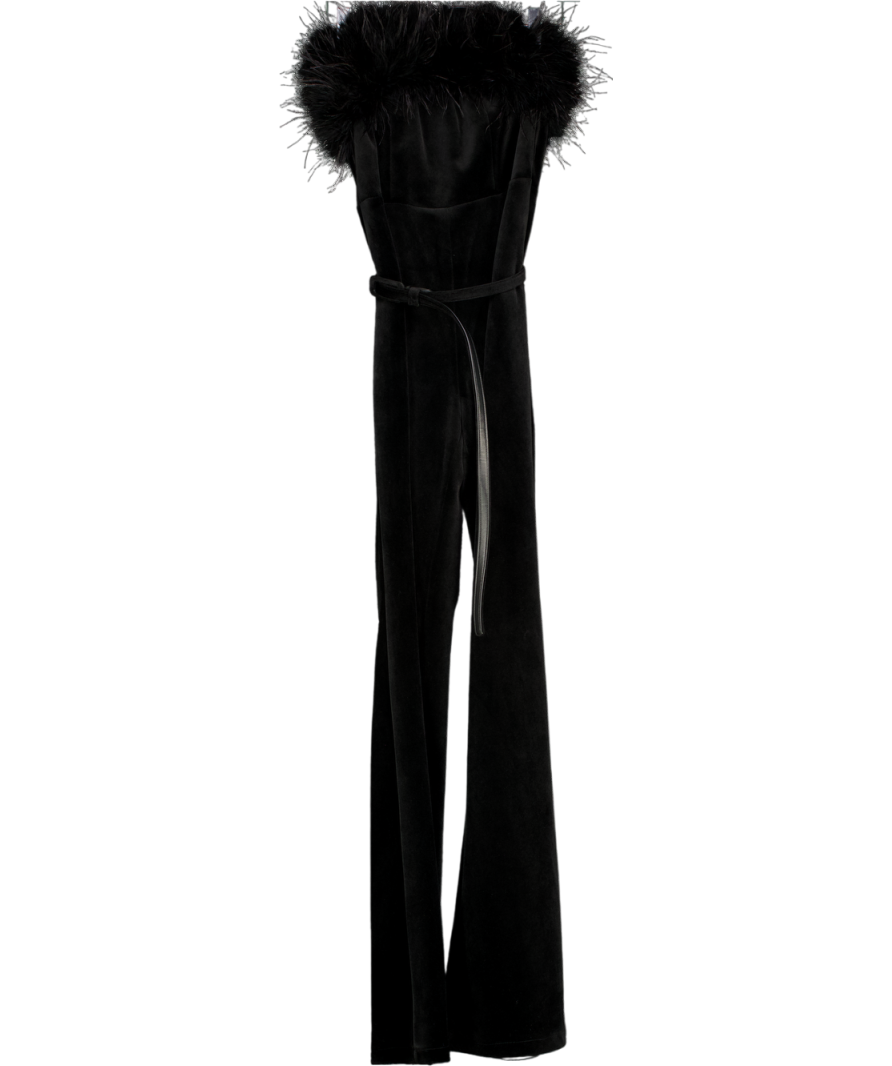 NADINE MERABI Black Velvet Feather Trim Jumpsuit Uk 6 UK XS