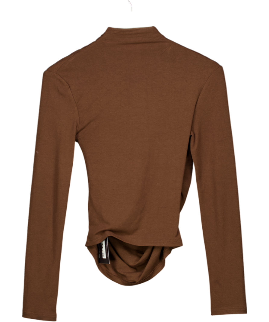Commense Brown Cross-over Collar Pleated Cinched T-shirt UK XS