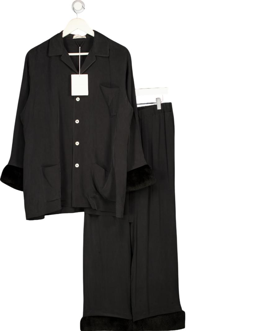 OLIVIA VON HALLE Black Casablanca Riri Faux Fur-trimmed Silk Crepe De Chine Pajama Set UK M