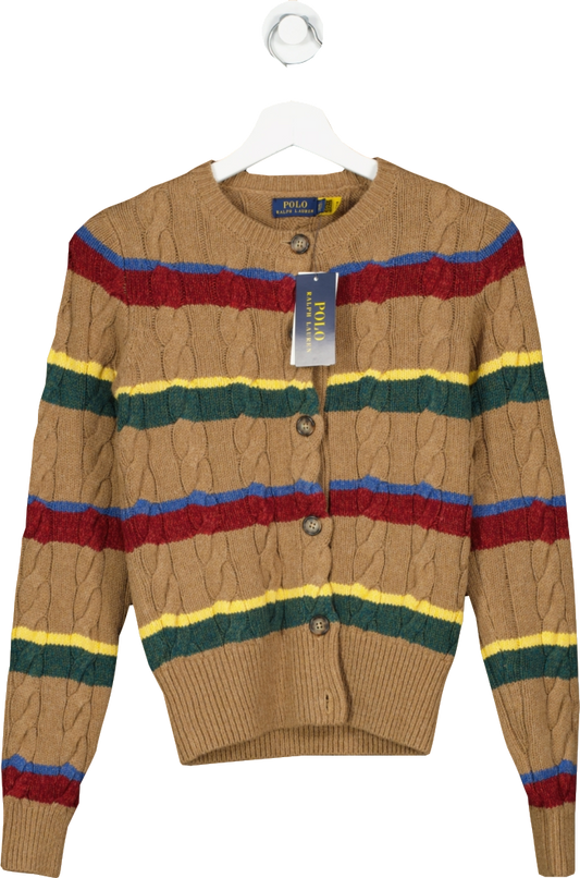 Polo Ralph Lauren Dark Beige Striped Cotton/wool Blend Striped Cable Knit Cardigan Bnwt UK XXS